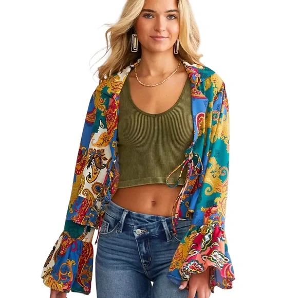 WILLOW & ROOT Mixed Paisley Print Chiffon Blouse, Sz S - Picture 3 of 13